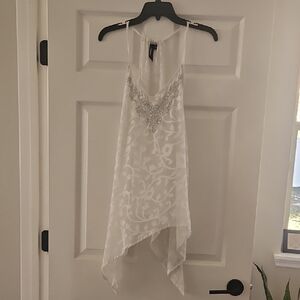 White Asymmetrical Tank Top with Silver Embroidery